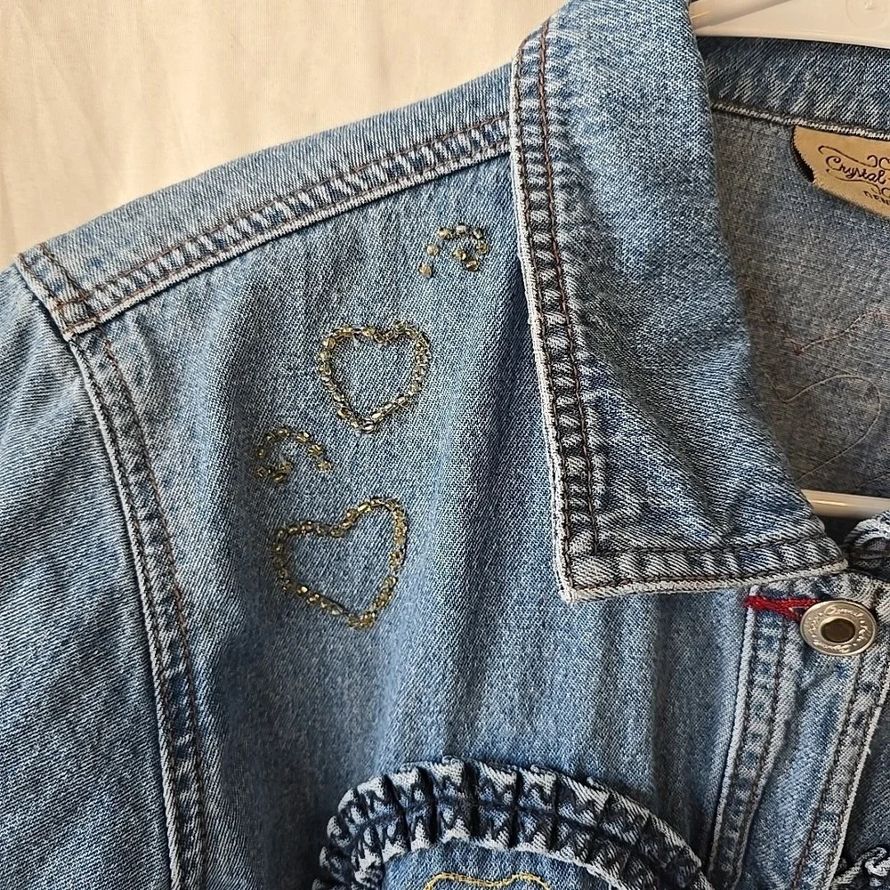 Crystal Kobe Denim Jacket With Fabric & Beaded Heart Designs Button-Up Size S‎